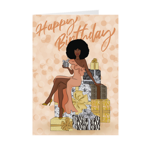 Afro - Peach Dress & Colorful Gifts - African American Birthday Card Front