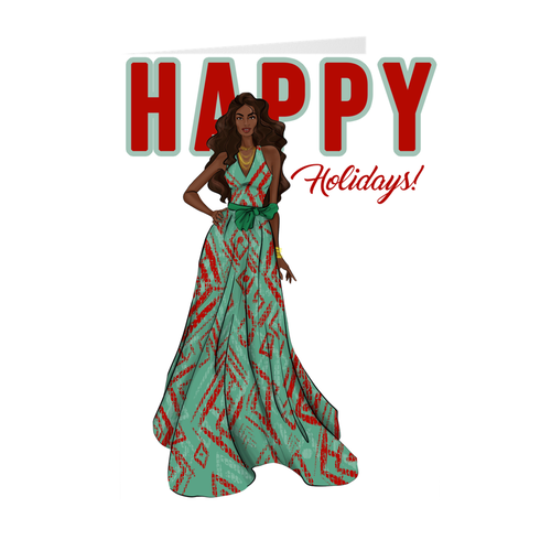 Red & Green Dress - African American Woman Happy Holidays Greeting Card Front