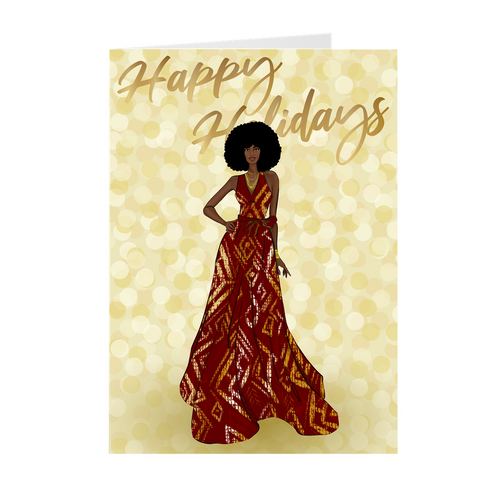 Afro - Red & Gold Dress - African American Woman Happy Holidays Greeting Card Front