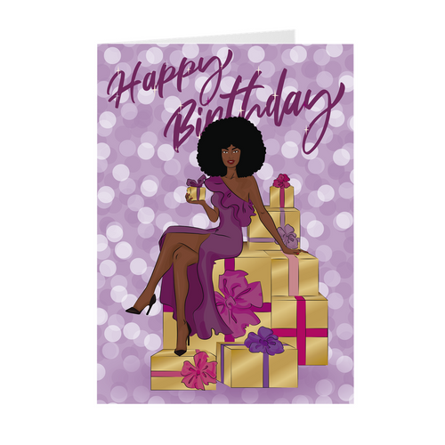 Afro - Purple Dress & Colorful Gifts - African American Birthday Card Front