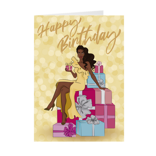 Yellow Dress & Colorful Gifts - African American Birthday Card Front