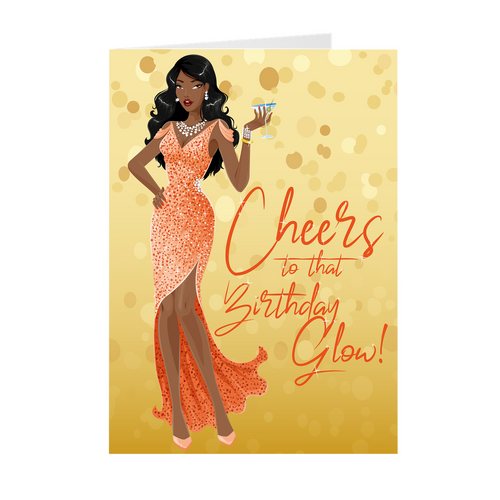 Cheers Birthday Glow - Peach Gown - African American Girl - Greeting Card Front