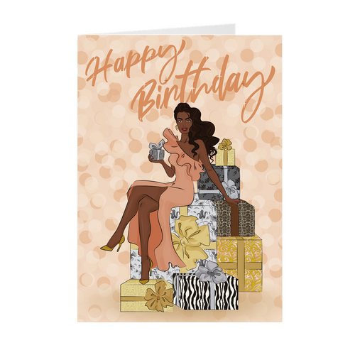 Peach Dress & Gifts - African American Birthday Card Front