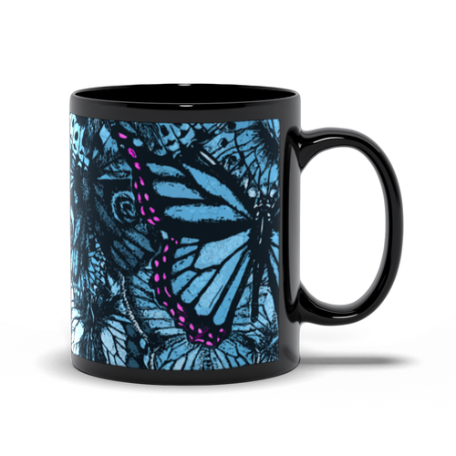 Butterfly Wings - Pink & Blue - Black Coffee Mug Handle Facing Right