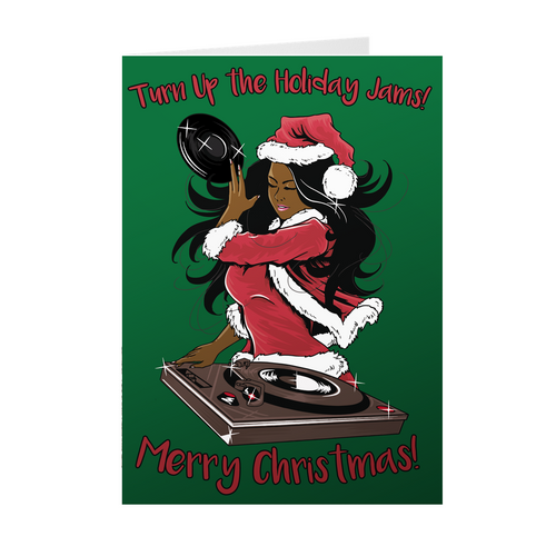 Holiday Music Female DJ - African American Christmas Cards Front