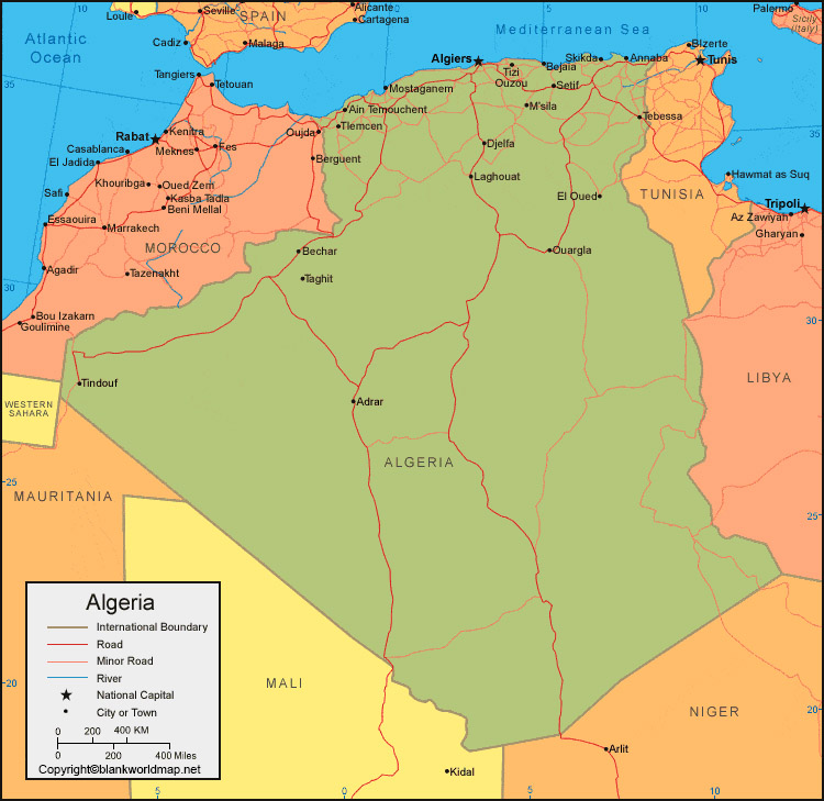 Labeled Algeria Map with Cities