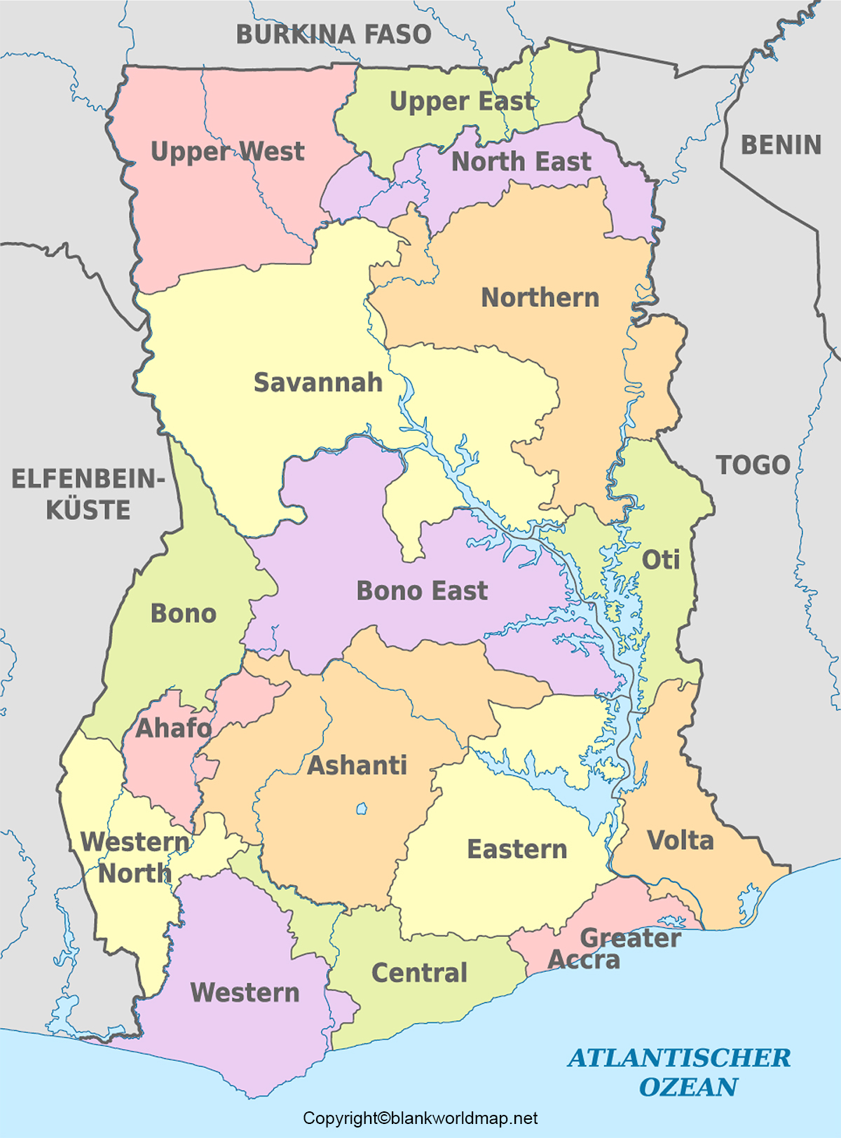 Labeled Ghana Map with States