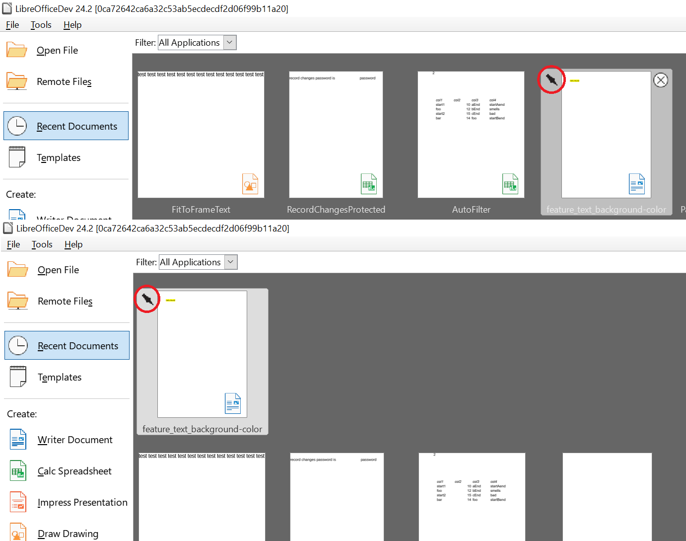 LibreOffice pinned documents in the Start Center