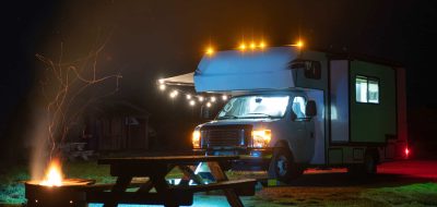 Motorhome camped at night