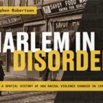 Author and title (Stephen Robertson, Harlem in Disorder: A Spatial History of How Racial Violence Changed in 1935) imposed over a historical photograph of a crowd gathered in front of damaged storefronts while a man sweeps broken glass