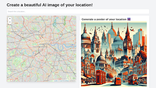 a map of London next to an AI generated poster for London, featuring red buses, phone boxes and Big Ben