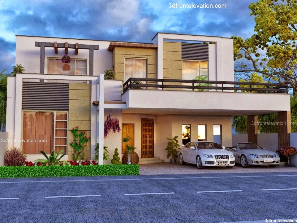 3D Front Elevation com Beautiful  House  Modern Design 