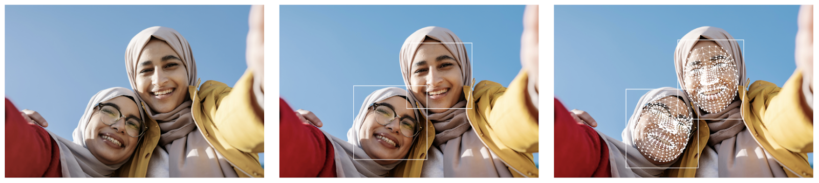 Image a series of three photos of two girls smiling to show how face mesh improves facial recognition