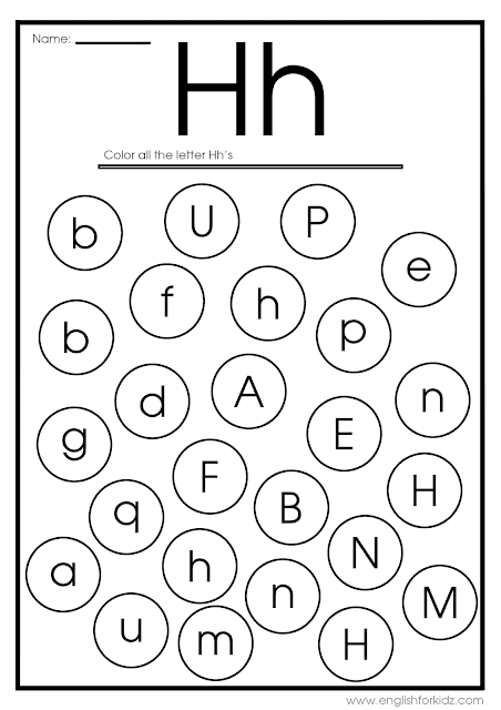 Find letter h worksheet -- printable ESL materials to teach English alphabet