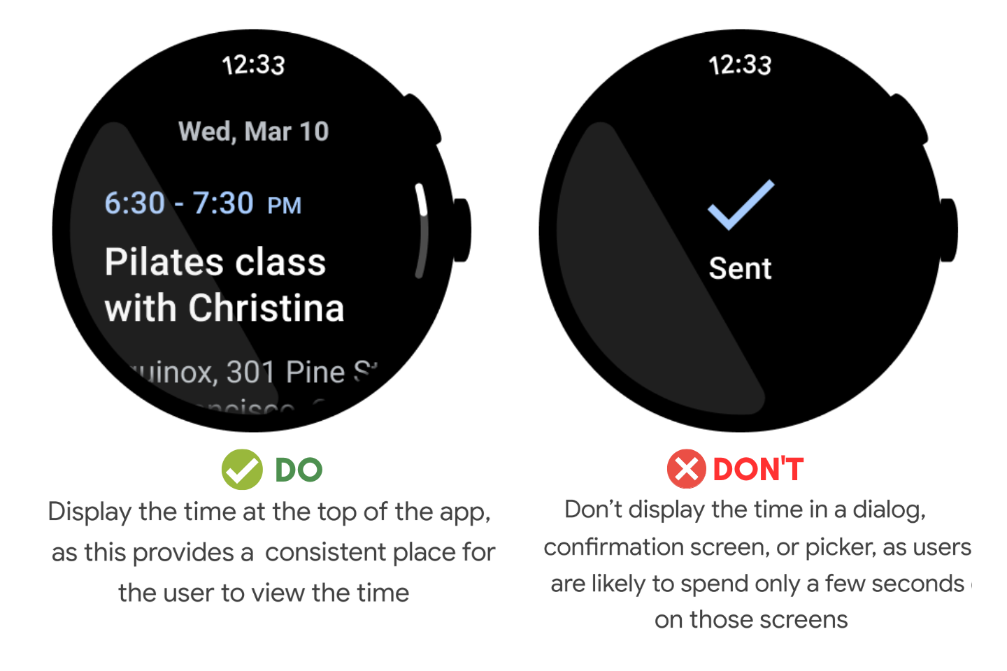 Images of two watch faces with showing time display at the top of the app on the left and Don’t display the time in a dialog, confirmation screen, or picker on the right