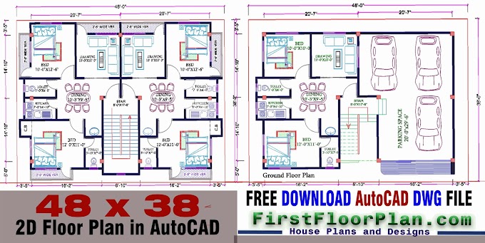 2D Floor Plan in AutoCAD with Dimensions | 38 x 48  | DWG and PDF File Free Download