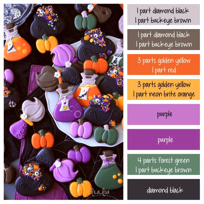 Dark chocolate Halloween decorated sugar cookies - witch broom, potion bottle, and cauldron