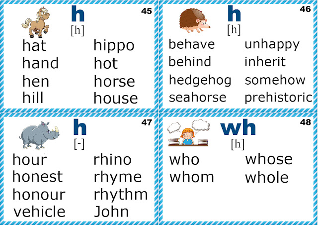 Silent h words, phonics flashcards - letter H sounds