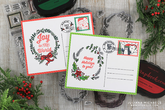 Merry Mail Christmas Postcards by Juliana Michaels featuring Scrapbook.com Exclusive Stamp Set Merry Mail, Rustic Wreaths and Holly Jolly Sentiments