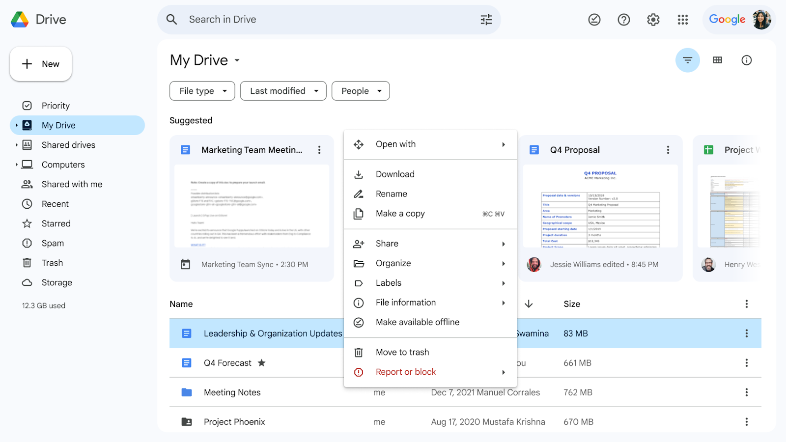 Reorganizing the right-click menu format in Google Drive