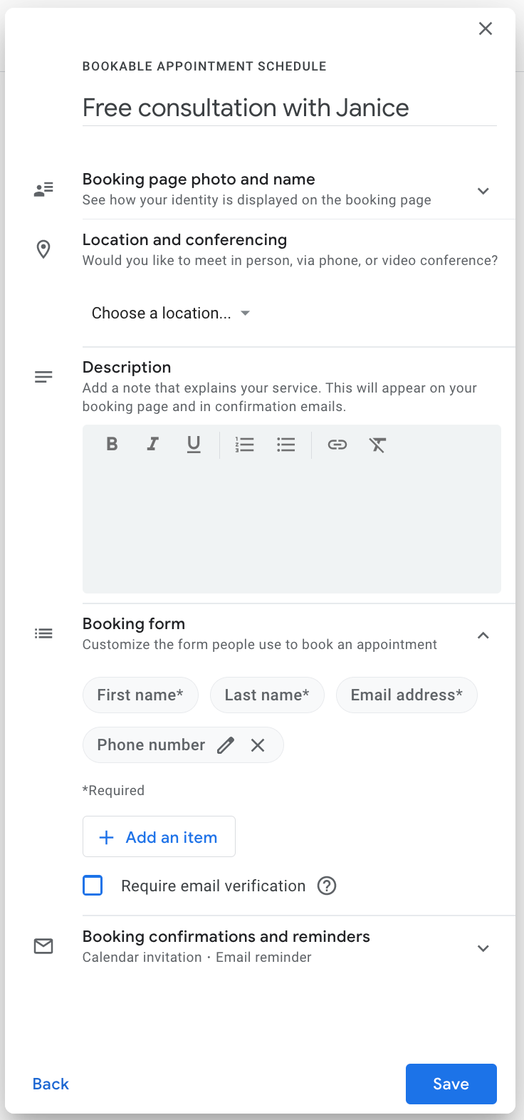 Appointment scheduling user interface with email verification option unchecked.