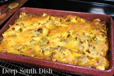 My version of Johnny Marzetti, a well-loved baked casserole originating in Ohio, made with ground beef and pork, the trinity of southern cooking, tomato soup, mushrooms, egg noodles and cheese.