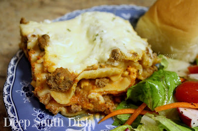 A quicker prep version of meat lasagna, using ground beef, commercial pasta sauce and oven-ready lasagna noodles.