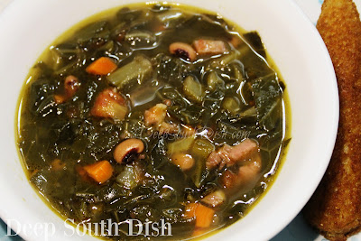 The flavors of a New Year's Day meal - pork, greens and blackeye peas - in a convenient soup, in a slow-stewed and concentrated, vitamin-enriched potlikker base. Serve with skillet cornbread to complete the meal.