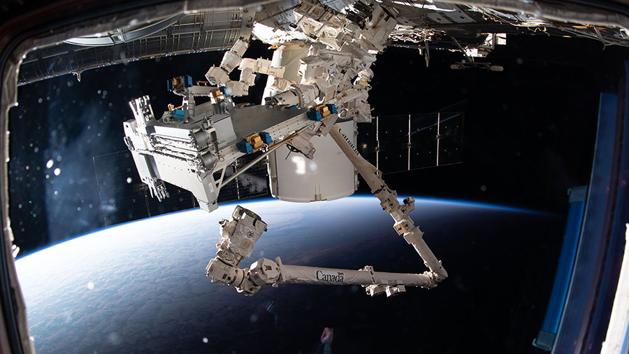 The Canadarm2 robotic arm and Dextre extract Bartolomeo