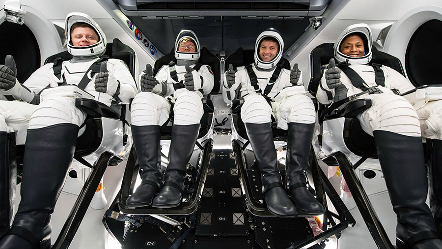 The four SpaceX Crew-8 members are pictured during pre-flight training in January inside the SpaceX Dragon spacecraft at NASA's Kennedy Space Center. Credit: SpaceX