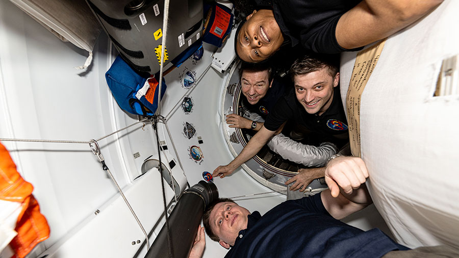 The four SpaceX Crew-8 members are pictured aboard the space station. From top to bottom are, NASA astronauts Jeanette Epps, Mike Barratt, and Matthew Dominick, and Roscosmos cosmonaut Alexander Grebenkin.