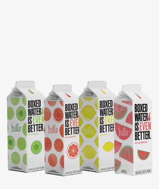 Flavored water cartons of cucumber, grapefruit, lemon, and watermelon