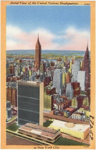 Aerial view of the United Nations headquarters in New York City.