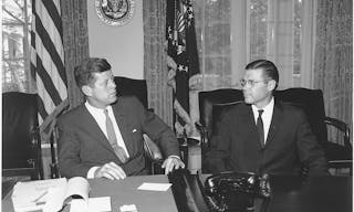 President meets with Secretary of Defense. President Kennedy, Secretary McNamara. White House, Cabinet Room - NARA - 194244