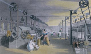 industry revolution Machines making cotton thread by performing mechanical versions of carding drawing and roving in a mill in L