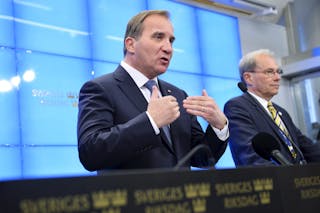 Social Democrat leader Lofven speaks beside the speaker of Swedish parliament Westerberg during a news conference in Stockholm