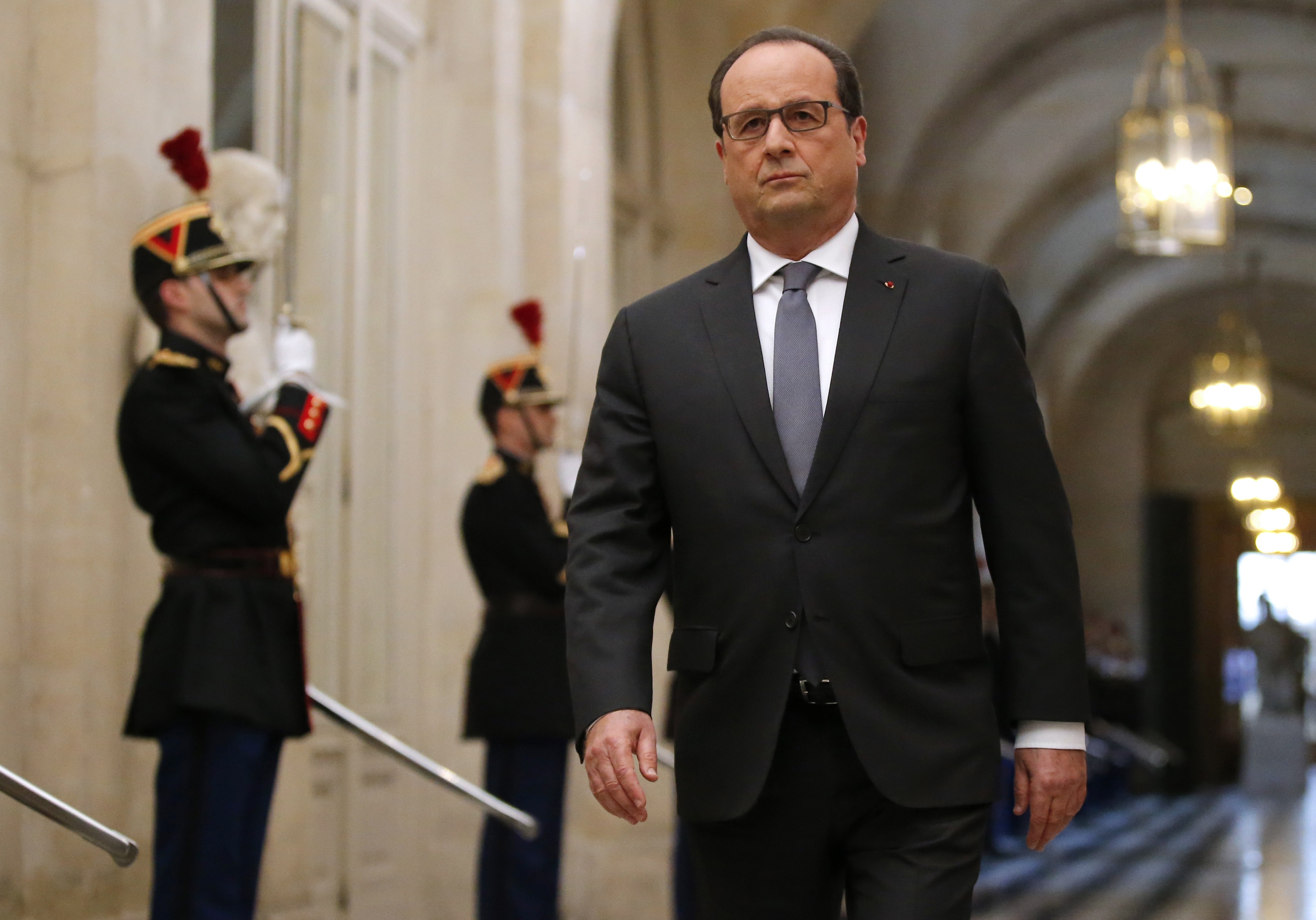 French President Hollande arrives to deliver a speech at a special congress of the joint upper and lower houses of parliament (N