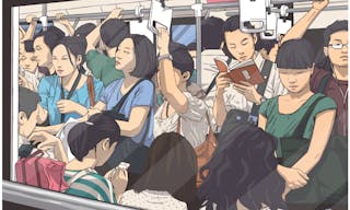 Illustration of crowded metro, subway cart in rush hour