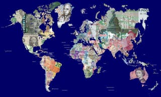 Detailed map of the world in all the world's currencies. Each country is represented with one of its most recently issued bankno