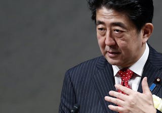 Japan's Prime Minister Abe speaks during a year end meeting at Japan Business Federation in Tokyo