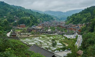 Chinese Dong Village Zhaoxing with the rice terrace from top of the hill, Province of Guizhou, China