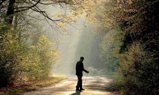 Older man through the country road in autumn forest in the light of the rising sun. — Photo by nature78