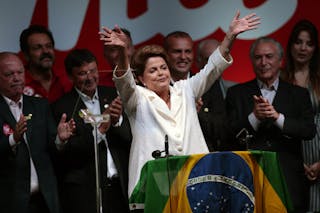 Brazil's President and Workers' Party presidential candidate Rousseff celebrates after the disclosure of election results, in Br