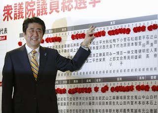 Japan's Prime Minister Abe poses in front of a board showing Liberal Democratic Party (LDP) candidates' results during an electi