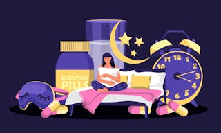 Tired woman suffering from insomnia. Vector flat cartoon illustration. Sleepless girl in night bedroom surrounded by alarm clock