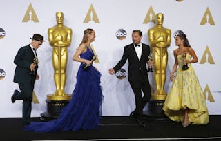 Rylance, Larson, DiCaprio and Vikander react during the 88th Academy Awards in Hollywood