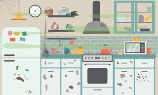 Dirty messy house kitchen interior with scattered things and stained furniture, flat cartoon vector illustration. Interior of ki