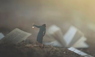 surreal moment of a woman with lantern walking confused in the fog between pages and books