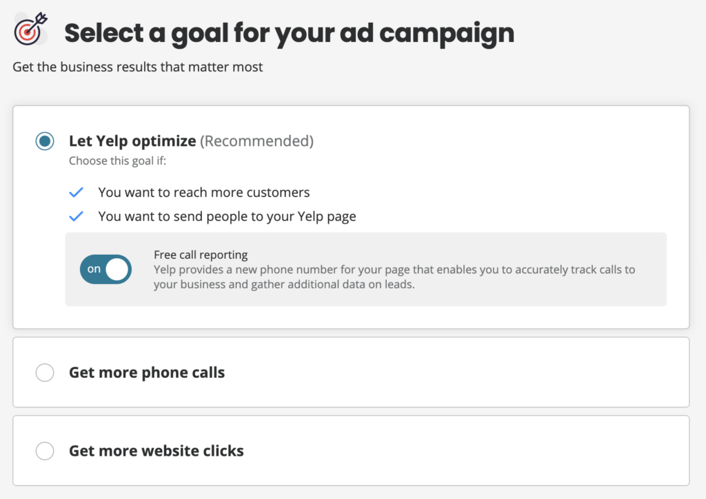 Example of selecting a goal for your Yelp Ad campaign