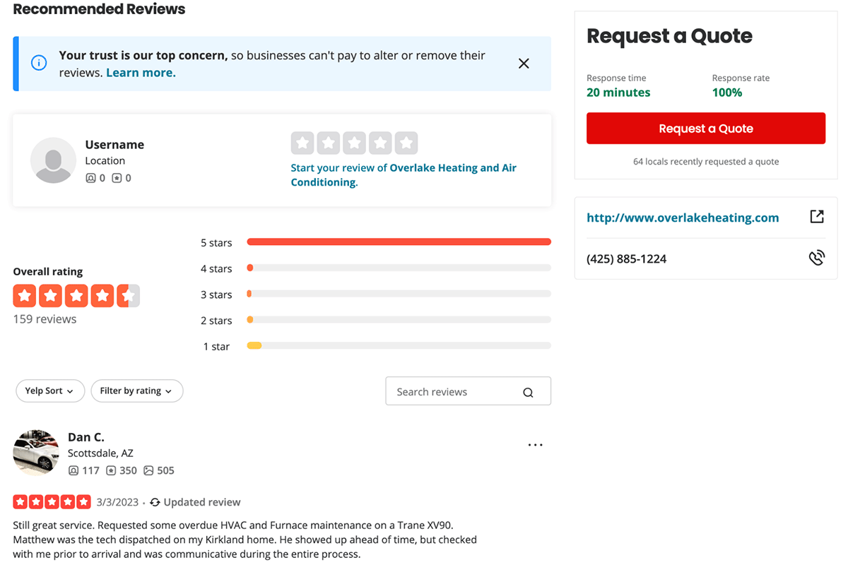 Yelp Business Page Recommended Reviews example